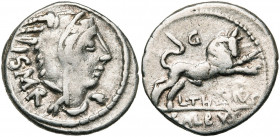 L. Thorius Balbus, AR denier, 105 av. J.-C., Rome. D/ T. de Junon Sospita à d., coiffée d''une peau de chèvre. A g., I·S·M·R (Iuno Sospes Mater Regina...