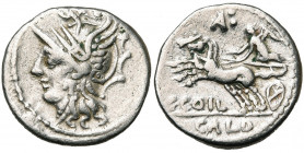 C. Coelius Caldus, AR denier, 104 av. J.-C., Rome. D/ T. casquée de Roma à g. R/ Victoire en bige à g. Au-dessus, A:. A l''ex., CALD. Cr. 318/1a; Syd....
