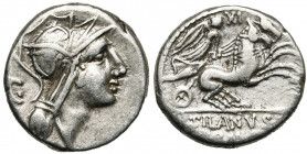D. Iunius Silanus, AR denier, 91 av. J.-C., Rome. D/ T. casquée de Roma à d. A g., C·. R/ D· SILANVS· L·F·/ ROMA Victoire conduisant un bige au galop ...