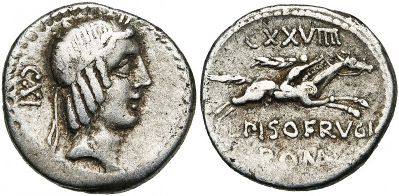 L. Piso Frugi, AR denier, 90 av. J.-C., Rome. D/ T. l. d''Apollon à d. Derrière,...