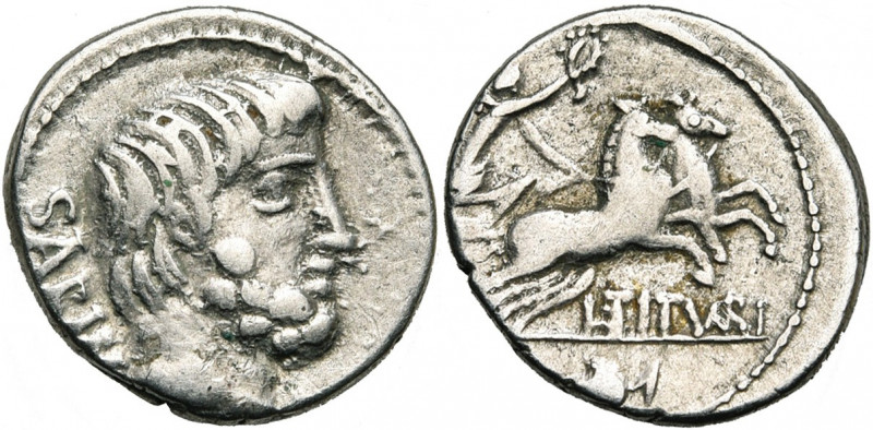 L. Titurius Sabinus, AR denier, 89 av. J.-C., Rome. D/ T. du roi Tatius barbu à ...