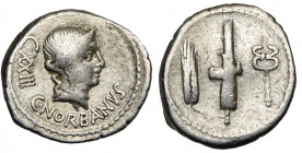 C. Norbanus, AR denier, 83 av. J.-C., Rome. D/ T. diad. de Vénus à d. En dessous, C·NORBANVS. Derrière, CXXIII. R/ Faisceau entre un épi et un caducée...