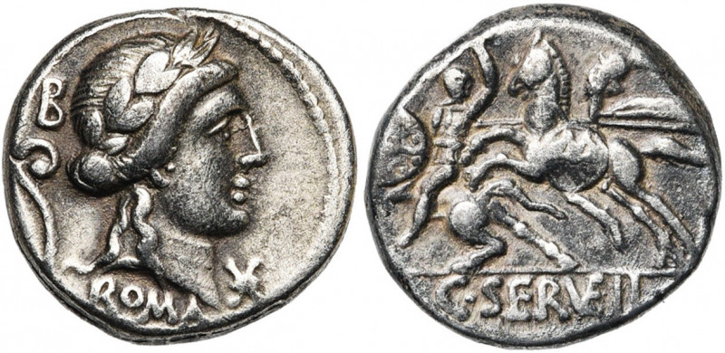 C. Servilius, AR denier, 82-80 av. J.-C., Rome. D/ T. l. d''Apollon à d. Derrièr...
