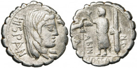 A. Postumius Albinus, AR denier serratus, 81 av. J.-C., Rome. D/ T. voilée d''Hispania à d. Derrière, HISPAN. R/ A·/ POST·A·F·/ S·N·/ ALBIN Personnage...