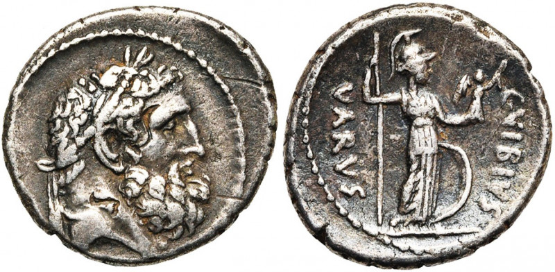 C. Vibius Varus, AR denier, 42 av. J.-C., Rome. D/ T. diad., barbue d''Hercule à...