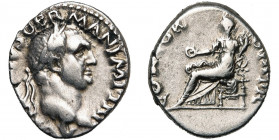 VITELLIUS (69), AR denier, Rome. D/ A VITELLIVS GERMAN IMP TR P T. l. à d. R/ CONCOR-DIA P R Concordia assise à g., ten. une patère et une corne d''ab...