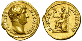 HADRIEN (117-138), AV aureus, 134-138, Rome. D/ HADRIANVS AVG COS III P P T. nue à d. R/ ROMAE AETERNAE Roma assise à g. sur un trône avec dossier, te...