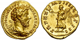MARC AURELE Auguste (161-180), aureus, 166-167, Rome. D/ M ANTONINVS AVG ARM PARTH MAX B. l., dr., cuir. à d. R/ TR P XXI IMP IIII COS III Victoire ma...