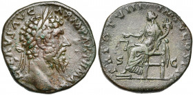 LUCIUS VERUS (161-169), AE sesterce, 167-168, Rome. D/ L VERVS AVG ARM PARTH MAX T. l. à d. R/ TR POT VIII IMP V COS III/ S-C Aequitas assise à g., te...