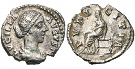 LUCILLA (†164), femme de Lucius Verus, AR denier, Rome. D/ LVCILLA AVGVSTA B. dr. à d. R/ PVDICITIA Pudicitia voilée, assise à g., la main sur la poit...