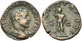 GORDIEN III Auguste (238-244), AE sesterce, 241-243, Rome. D/ IMP GORDIANVS PIVS FEL AVG B. l., dr., cuir. à d. R/ IOVI STATORI/ S-C Jupiter deb. de f...