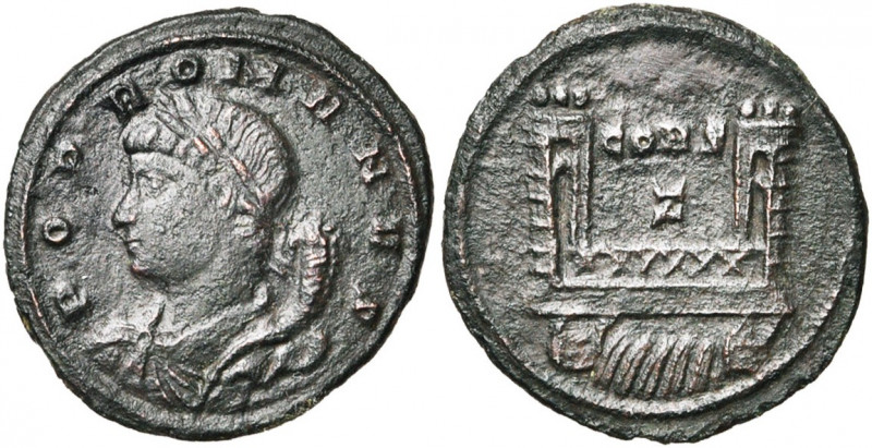 POPULUS ROMANUS, AE follis, 330, Constantinople. D/ POP ROMANVS B. l., dr. du Po...