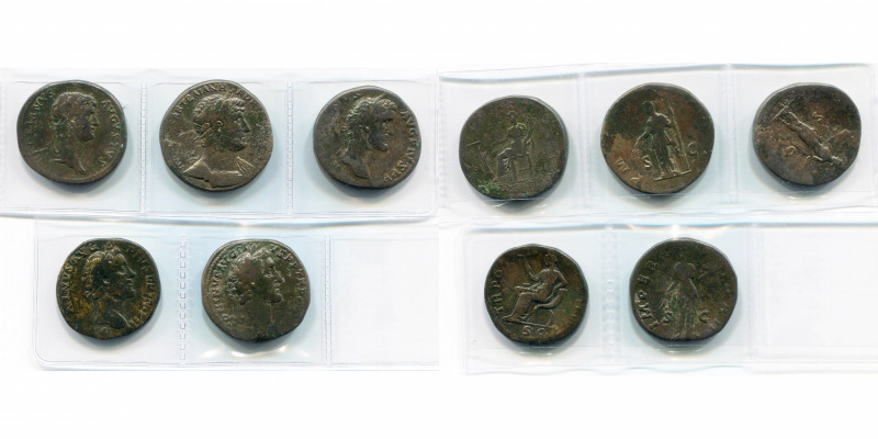 lot de 5 sesterces: Hadrien, R/ Fortuna assise, Annona; Antonin le Pieux, R/ L''...
