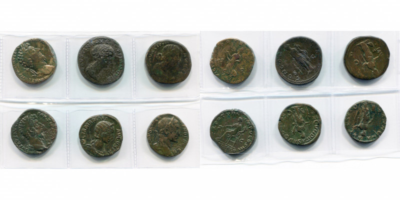 lot de 6 sesterces: Marc Aurèle, R/ Victoire volant et ten. une guirlande; Faust...
