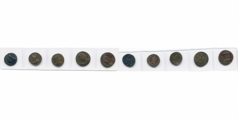 lot de 5 p.: Licinius Ier, follis, R/ Jupiter; Constantin Ier, follis, R/ Globe ...