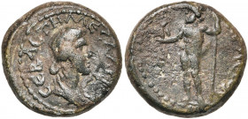 EOLIDE, AIGAI, Messaline, femme de Claude, AE bronze, 43-48. D/ MECCAΛEINA CEBACTH B. dr. à d. R/ AIΓAEWN Zeus deb. à g., ten. un aigle sur la d. tend...