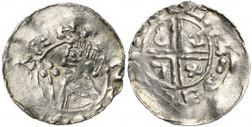 ALLEMAGNE, STADE, Heinrich der Gute (976-1016), AR denier. Imitation du penny d''Aethelred II, type CRVX. D/ B. dr. à g. Devant, un sceptre cr. R/ Cro...