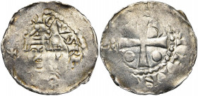 ALLEMAGNE, WORMS, Henri III, roi (1039-1046), AR denier. D/ B. couronné de f., ten. un sceptre et un gl. cr. R/ Croix cantonnée de trois globules et u...