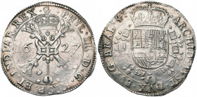 BRABANT, Duché, Philippe IV (1621-1665), AR patagon, 1627, Anvers. D/ Croix de Bourgogne sous une couronne, portant le bijou de la Toison d''or. R/ Ec...