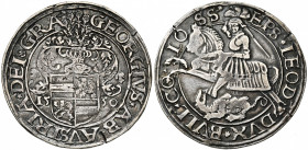 LIEGE, Principauté, Georges d''Autriche (1544-1557), AR daler au saint Georges, 1550. D/ L''écu écartelé de l''évêque surmonté d''un heaume à cimier e...