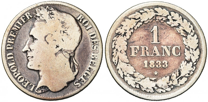 BELGIQUE, Royaume, Léopold Ier (1831-1865), AR 1 franc, 1833. Dupriez 33. Rare....