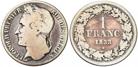 BELGIQUE, Royaume, Léopold Ier (1831-1865), AR 1 franc, 1833. Dupriez 33. Rare.
Beau