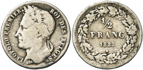 BELGIQUE, Royaume, Léopold Ier (1831-1865), AR 1/2 franc, 1833. Dupriez 39. Très rare.
Beau