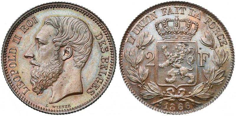 BELGIQUE, Royaume, Léopold II (1865-1909), 2 francs, 1866. Essai de Wiener en cu...