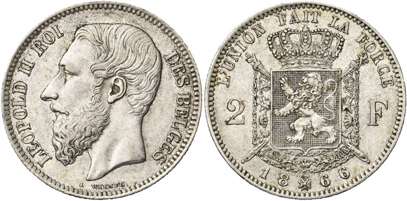 BELGIQUE, Royaume, Léopold II (1865-1909), AR 2 francs, 1866. Type A. Avec croix...