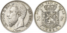 BELGIQUE, Royaume, Léopold II (1865-1909), AR 2 francs, 1866. Type A. Avec croix sur la couronne. Dupriez 1036.
Très Beau à Superbe