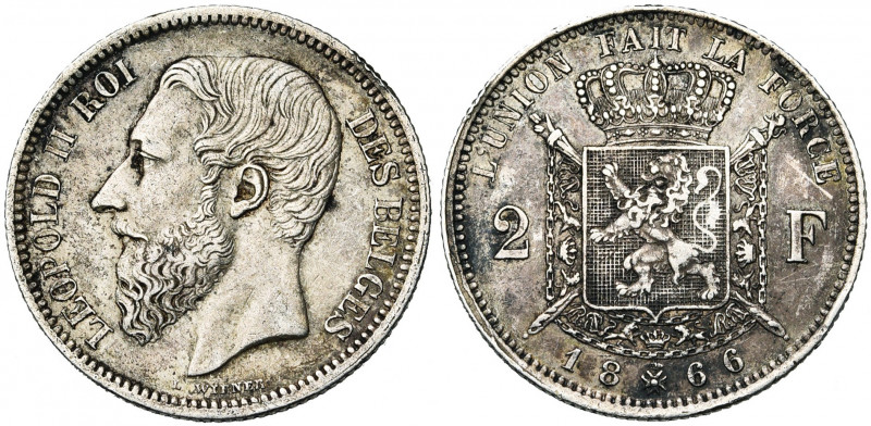 BELGIQUE, Royaume, Léopold II (1865-1909), AR 2 francs, 1866. Type A. Avec croix...