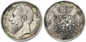 BELGIQUE, Royaume, Léopold II (1865-1909), AR 2 francs, 1866. Type A. Avec croix sur la couronne. Dupriez 1036. Coup sur la tranche.
Très Beau