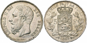 BELGIQUE, Royaume, Léopold II (1865-1909), AR 5 francs, 1867. F. avec point. Bogaert 1074B. Fines griffes au droit.
Superbe