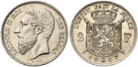 BELGIQUE, Royaume, Léopold II (1865-1909), AR 2 francs, 1867. Type A. Avec croix sur la couronne. Bogaert 1079A. Petits coups sur la tranche.
Superbe...