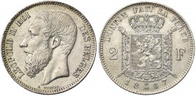 BELGIQUE, Royaume, Léopold II (1865-1909), AR 2 francs, 1867. Type A. Avec croix sur la couronne. Bogaert 1079A.
Superbe