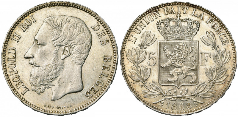 BELGIQUE, Royaume, Léopold II (1865-1909), AR 5 francs, 1868. Pos. B. Bogaert 10...