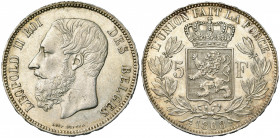 BELGIQUE, Royaume, Léopold II (1865-1909), AR 5 francs, 1868. Pos. B. Bogaert 1093B. Fines griffes au droit.
presque Superbe