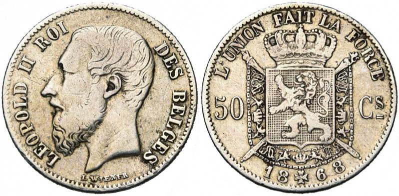 BELGIQUE, Royaume, Léopold II (1865-1909), AR 50 centimes, 1868. Dupriez 1099. T...
