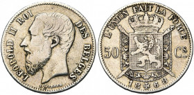 BELGIQUE, Royaume, Léopold II (1865-1909), AR 50 centimes, 1868. Dupriez 1099. Très rare Nettoyé.
Beau à Très Beau