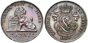 BELGIQUE, Royaume, Léopold II (1865-1909), Cu 2 centimes, 1869. Dupriez 1109. Rare Nettoyé. Petits coups sur la tranche.
presque Superbe
