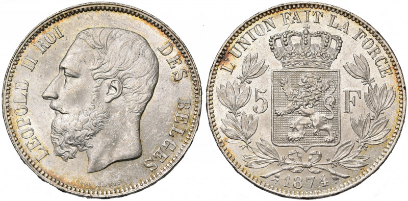 BELGIQUE, Royaume, Léopold II (1865-1909), AR 5 francs, 1874. Dupriez 1176. Fine...