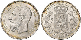 BELGIQUE, Royaume, Léopold II (1865-1909), AR 5 francs, 1874. Dupriez 1176. Fines griffes au droit.
Superbe à Fleur de Coin