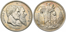 BELGIQUE, Royaume, Léopold II (1865-1909), AR 5 francs, 1880. Cinquantenaire de l''indépendance. 14 rayons à g. de la colonne, touchant le bord. Dupri...