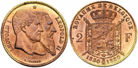 BELGIQUE, Royaume, Léopold II (1865-1909), 2 francs, 1880. Cinquantenaire de l''indépendance. Refrappe en bronze et laiton. Tranche lisse. Bogaert 121...