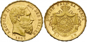 BELGIQUE, Royaume, Léopold II (1865-1909), AV 20 francs, 1882. Dupriez 1228; Fr. 8.
Superbe