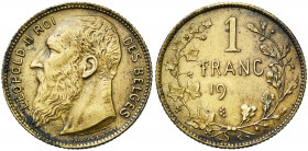 BELGIQUE, Royaume, Léopold II (1865-1909), 1 franc, 19[04]FR. Essai en cuivre. Tranche cannelée. Dupriez 1524. Rare Petites taches.
Superbe