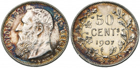 BELGIQUE, Royaume, Léopold II (1865-1909), AR 50 centimes, 1907FR. Refrappe de 1947 sur flan poli. Tranche avec cannelures plus fines. Bogaert 1625B1 ...