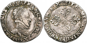 FRANCE, Royaume, Henri III (1574-1589), AR demi-franc au col plat, 1589M, Toulouse. D/ B. l. et cuir. à d. R/ Croix feuillue et fleurdelisée, H en coe...