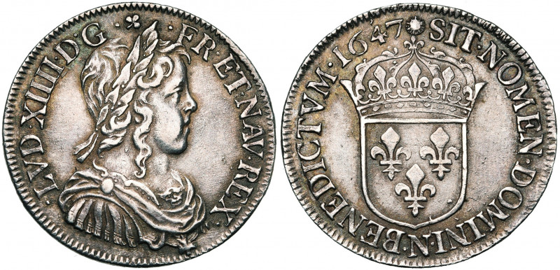 FRANCE, Royaume, Louis XIV (1643-1715), AR demi-écu à la mèche longue, 1647N, Mo...