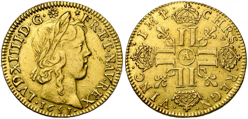 FRANCE, Royaume, Louis XIV (1643-1715), AV louis d''or à la mèche longue, 1651A,...